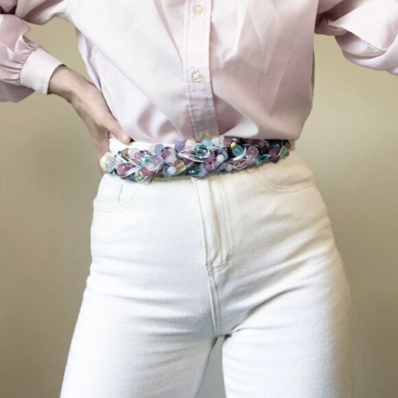 Vintage 80's Carolyn Tanner Inc Braided Pastel Beaded Faux Pearl Statement Belt - Picture 1 of 13